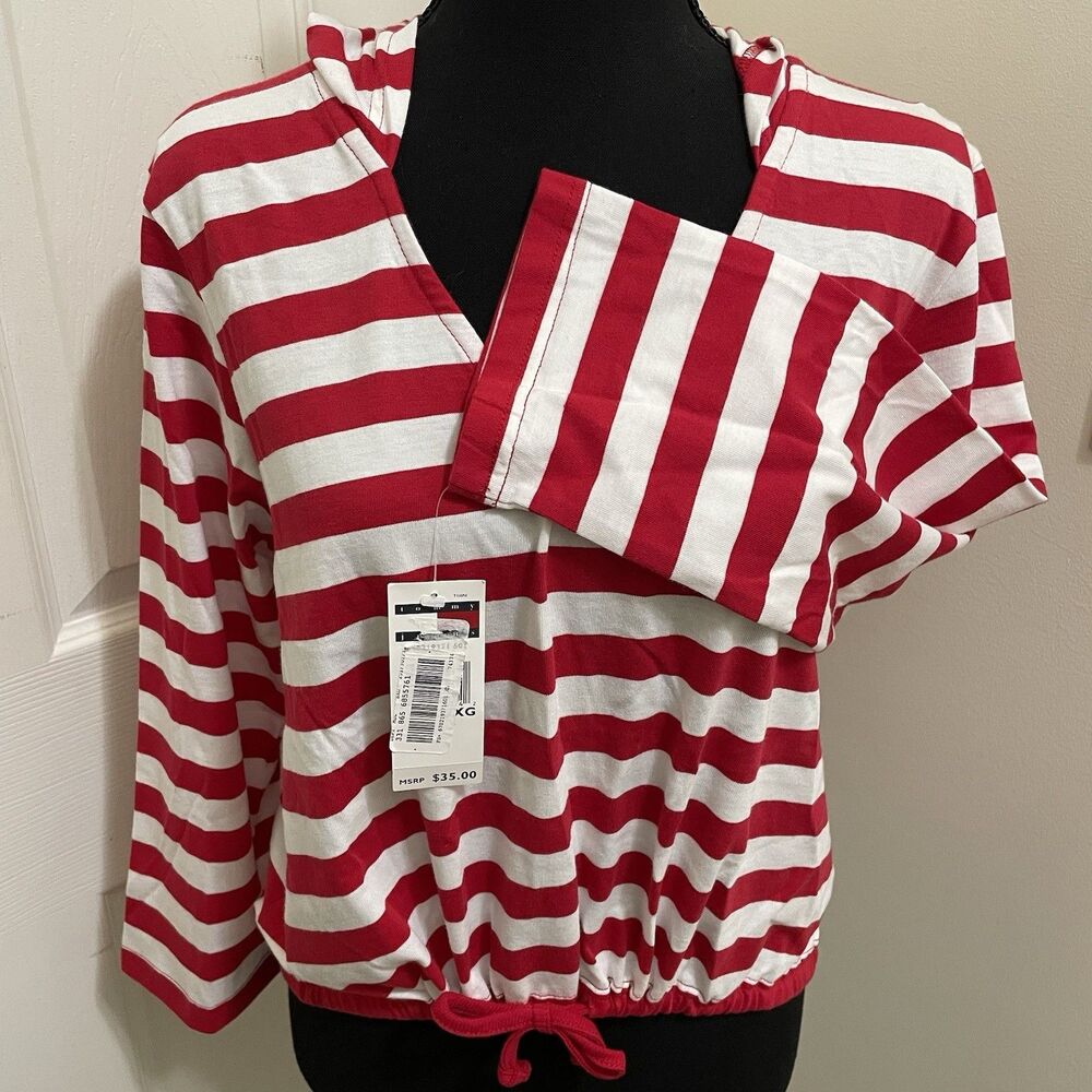 Tommy Hilfiger Red & White Striped V-Neck Hoodie Top - Picture 2 of 13